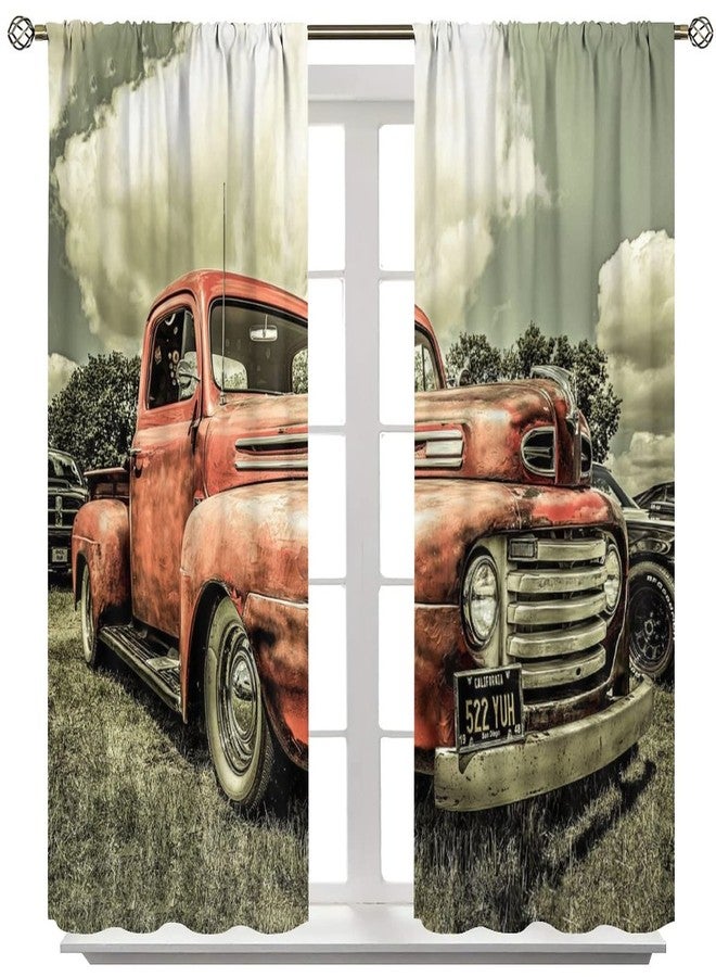 LOMADIA Vintage Car Curtains,Retro Rustic Truck Antique Red Old Truck Blackout Curtain Nursery Boys Girls Room Darkening Window Drapes, 2 Panels,52x84in - Image 5